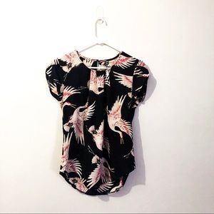 Crane-patterned, cap sleeved blouse